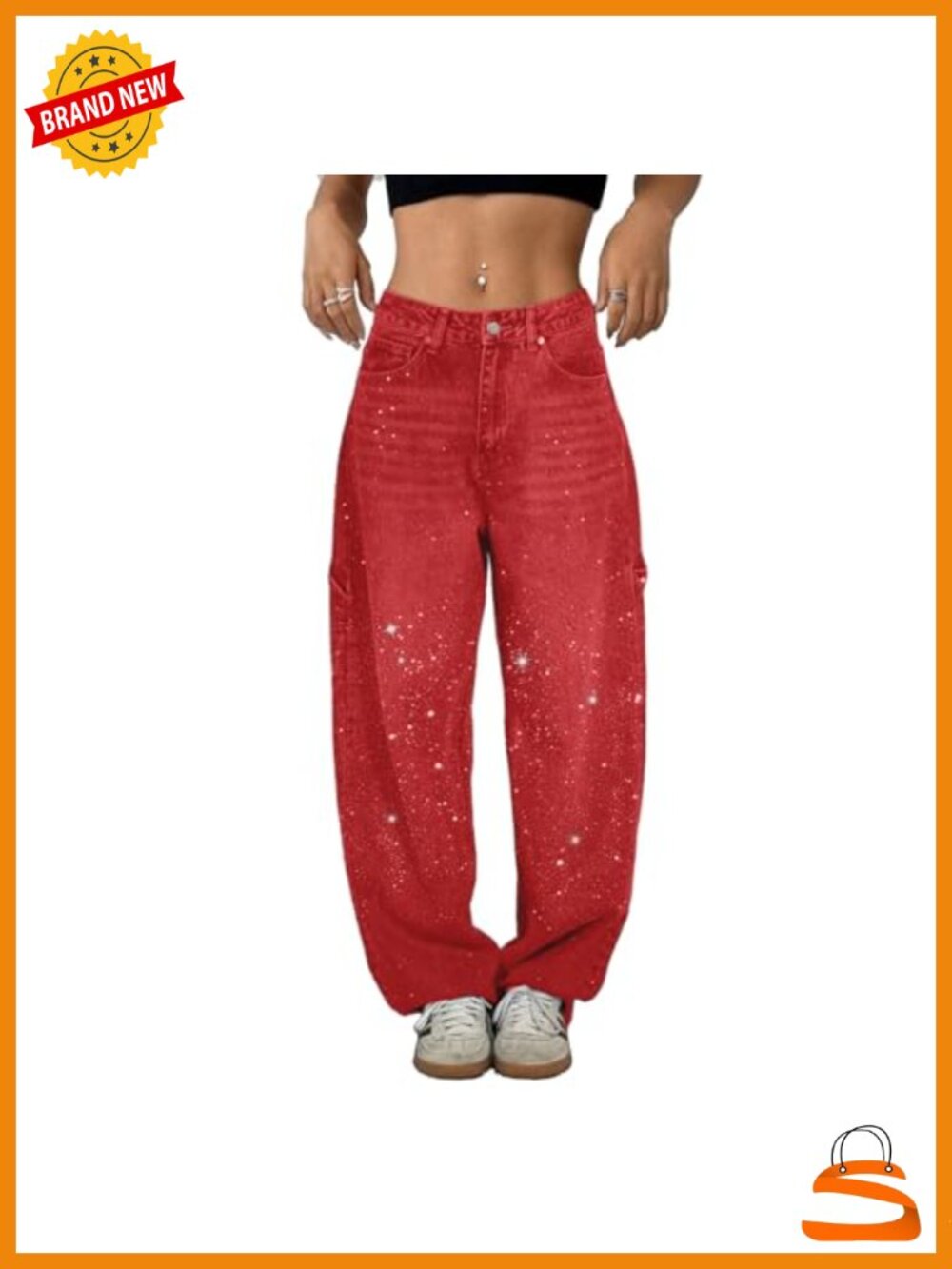 High Waisted Baggy Jeans Rhinestone Diamond Straight Loose Denim Pants
